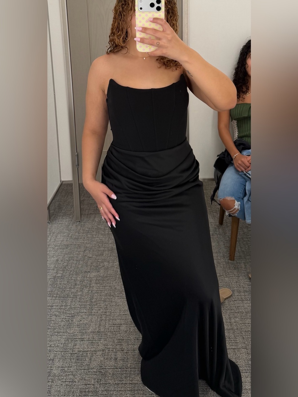 Betsy & Adam Strapless Black Ruched-Detail Evening Gown